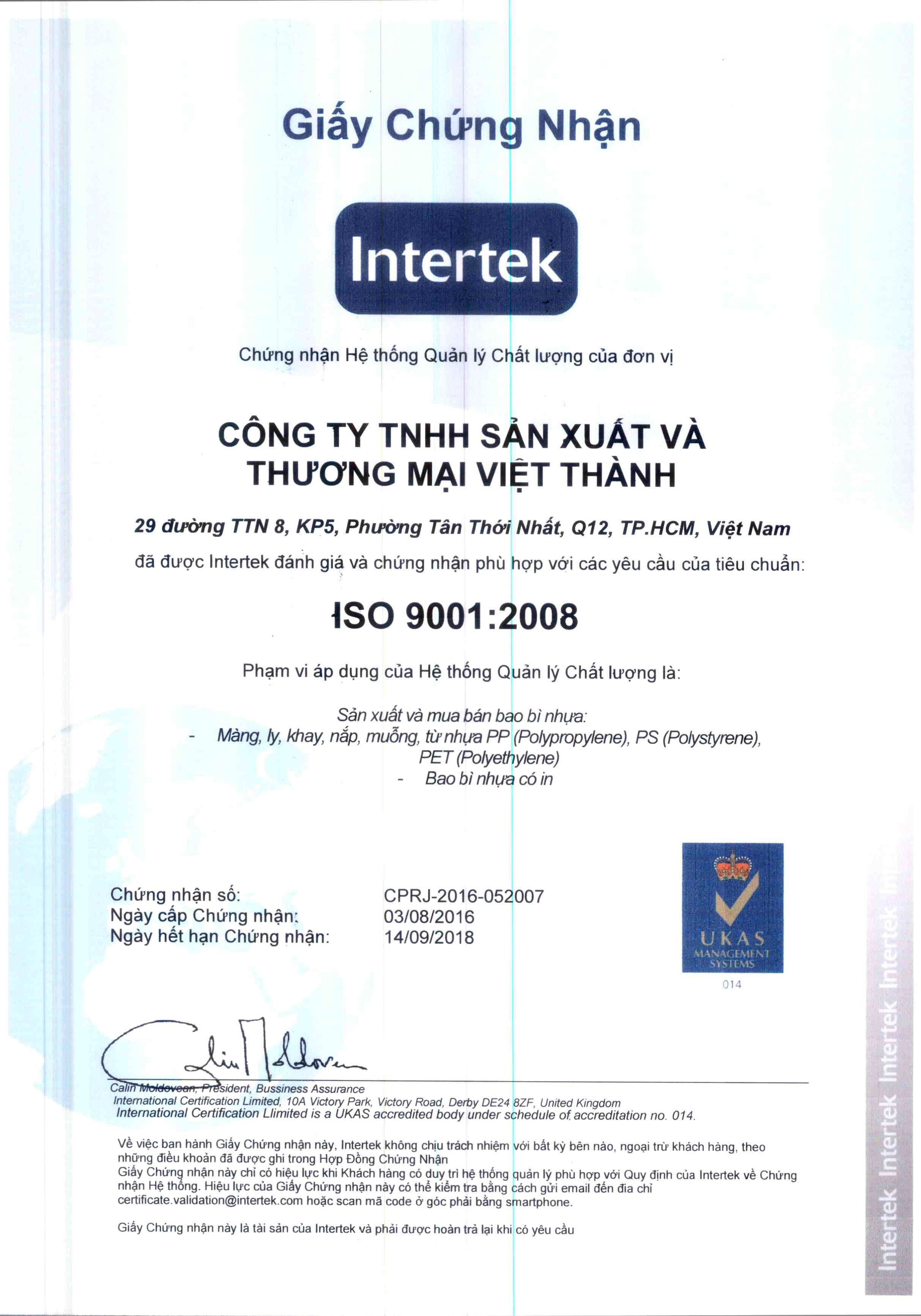 ISO 9001 - 2008 - 2016 VN - Công Ty TNHH Sản Xuất Và Thương Mại Việt Thành